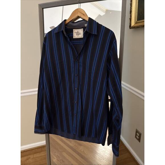 Age Of Wisdom Mens Blue and Black Striped Button Up Shirt Large - Picture 9 of 9